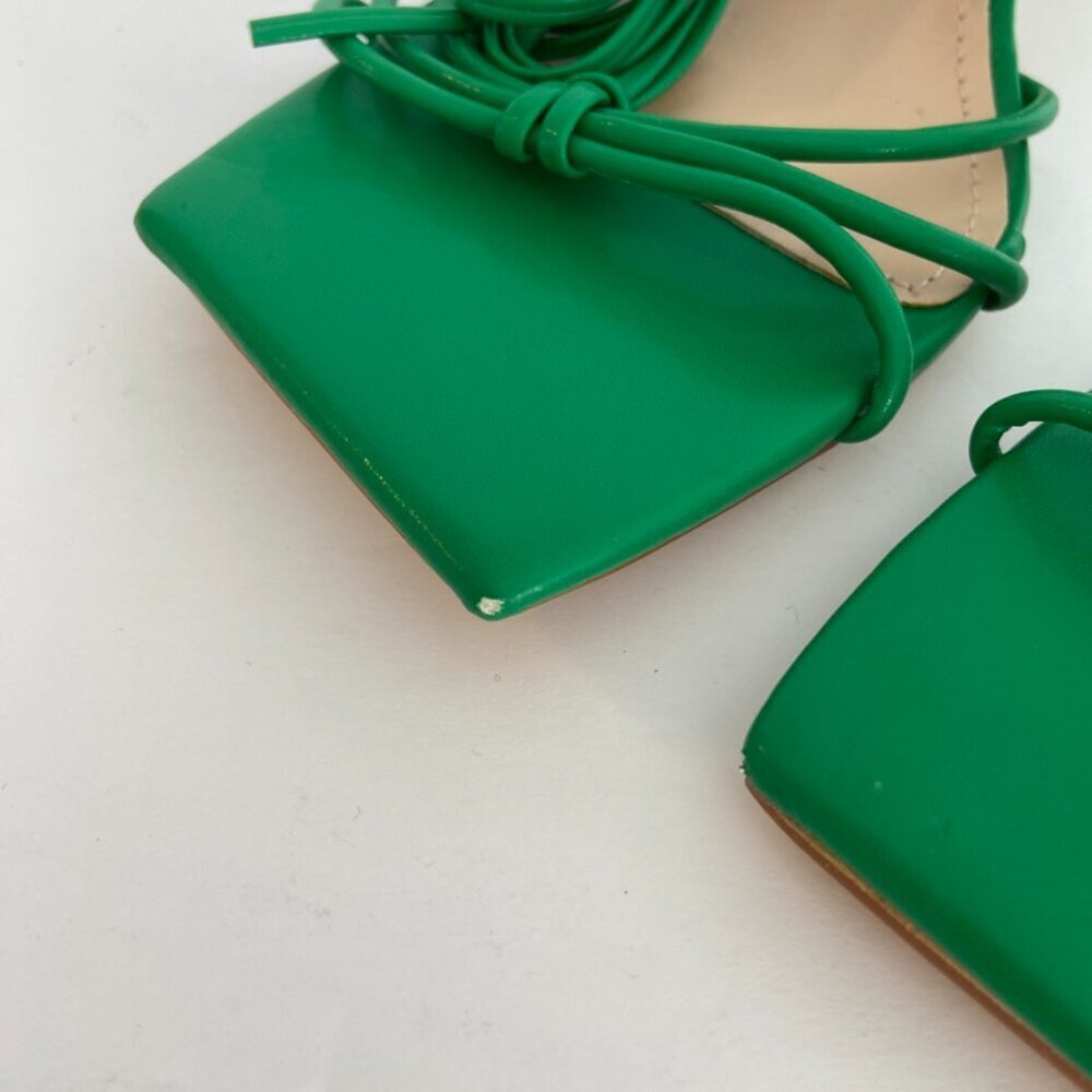 Nasty Gal Green Skinny Strap Square Toe Ankle Tie Midi Heels - Picture 9 of 9